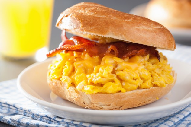 breakfast sandwich on bagel with egg bacon cheese